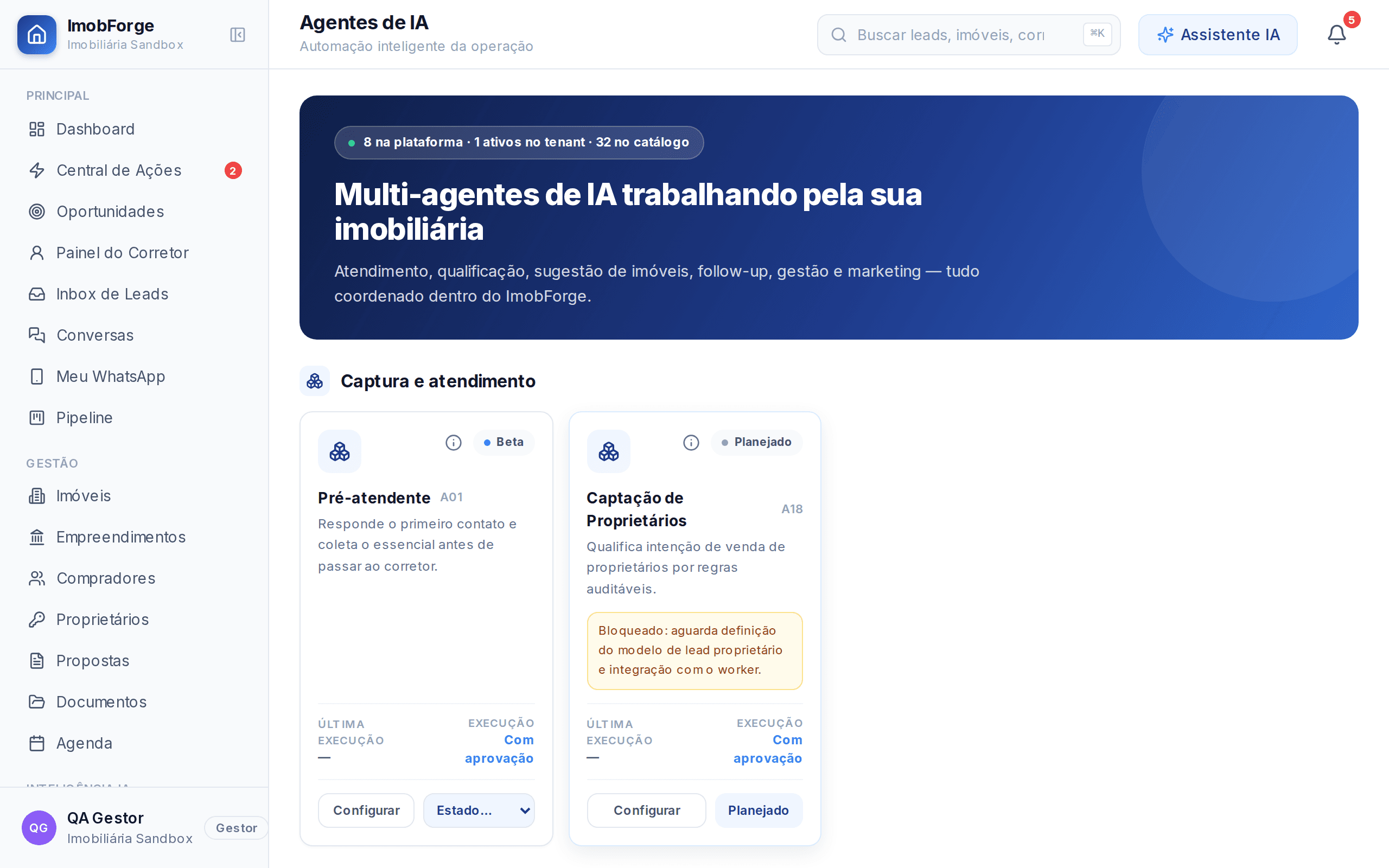 Catálogo de agentes — Status Disponível / Beta / Piloto — sandbox QA