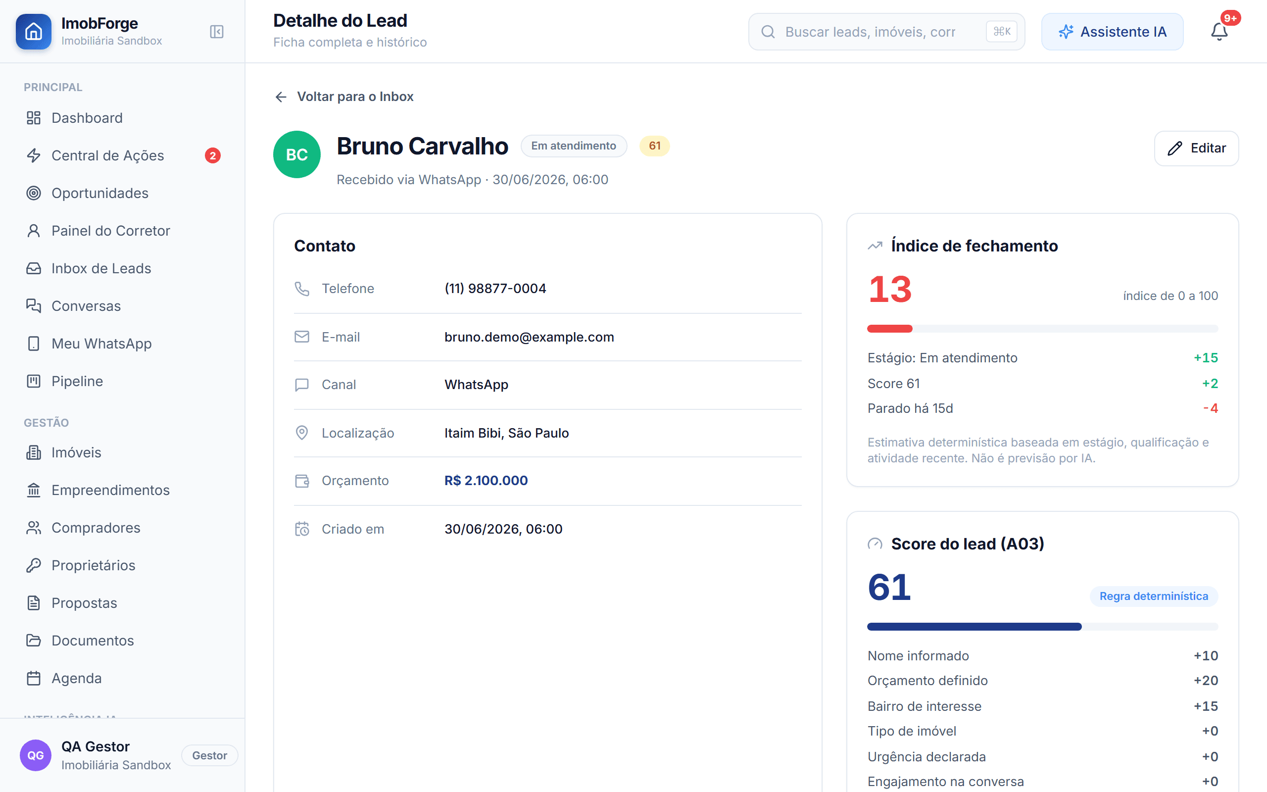 Detalhe do lead — Score, estágio e próximas ações — sandbox QA