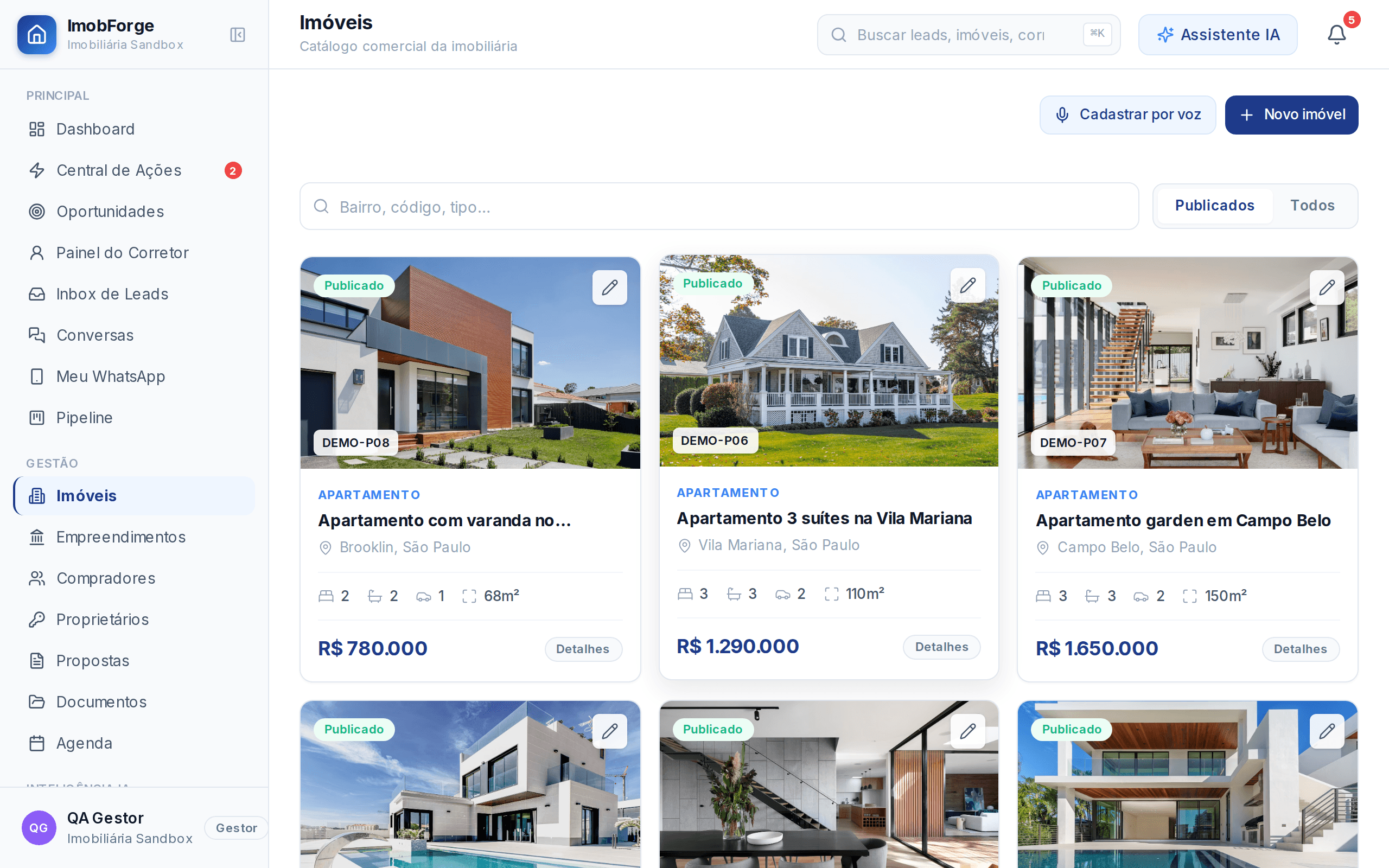 Imóveis — Cadastro único para CRM e site — sandbox QA